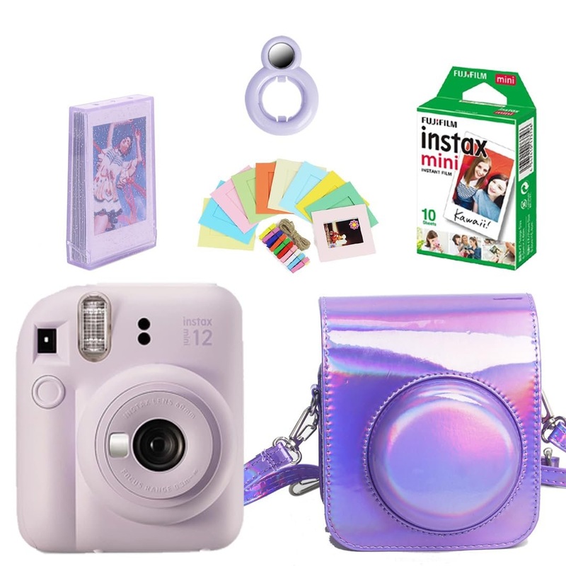Fujifilm Instax Mini 12 Instant Camera + 10 Shots Films + 1x iRide Camera Case + 1x Photo Storage Box + Photo Hanging 1 Set + 1x Close up Selfie Lens- Lilac Purple