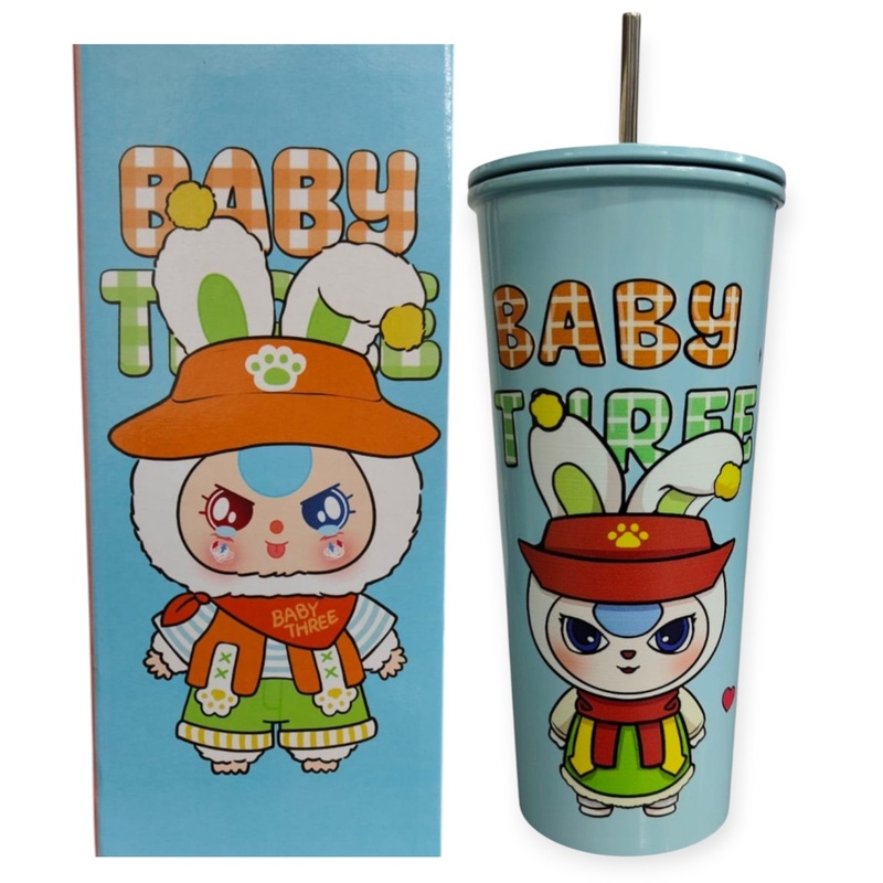 BABY THREE Colorful  Stainless Steel Seeper Water Bottle   500ml  Blue| With Lid & Metal Straw | Cute Character Design