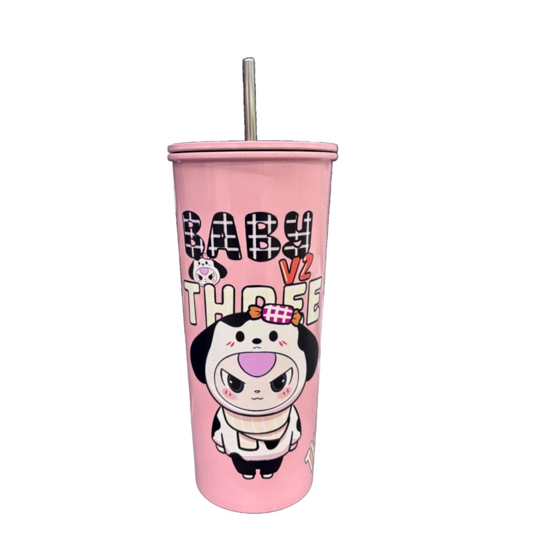 BABY THREE Colorful  Stainless Steel Water Bottle   500ml Pink| With Lid & Metal Straw | Cute Character Design