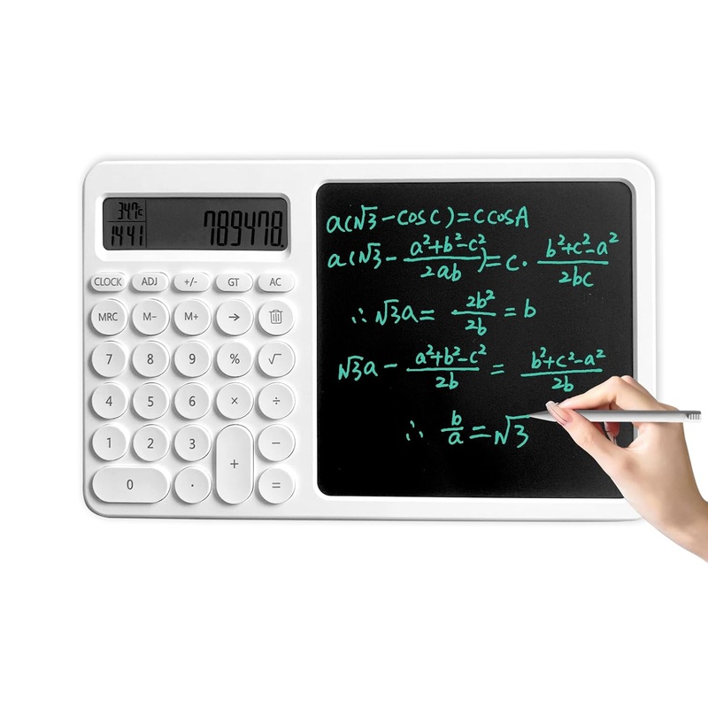 Electronic LCD Writing Tablet 8-inch & Calculator 2in1 with Time & Temperature Display, Good to Use in Office, School, Home for Student Office...