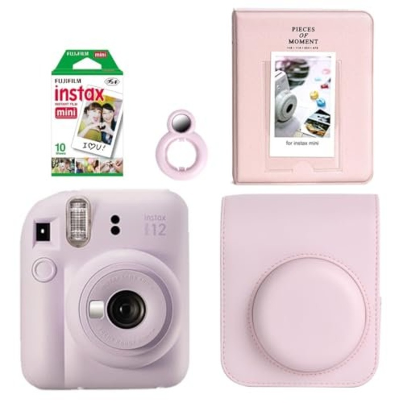 Fujifilm Instax Mini 12 Instant Camera + 10 Shot Films + PU Leather Camera Case + Instax Photo Album 64 Sheets + Closeup Selfie Lens (Blossom Pink, Mini 12)