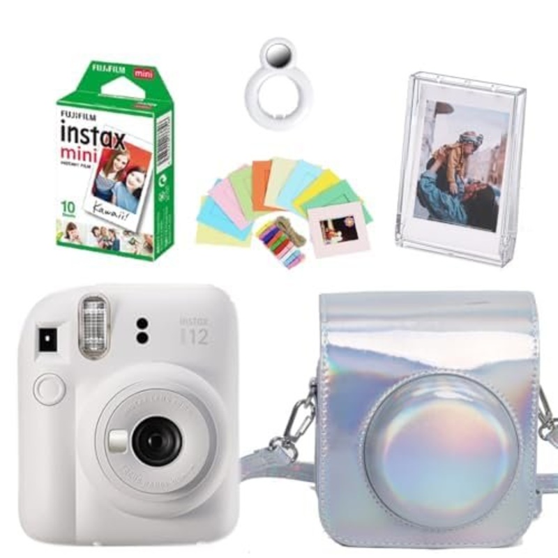 Fujifilm Instax Mini 12 Instant Camera + 10 Shots Films + 1x iRide Camera Case + 1x Photo Storage Box + Photo Hanging 1 Set + 1x Close up Selfie Lens - Clay White, Mini 12