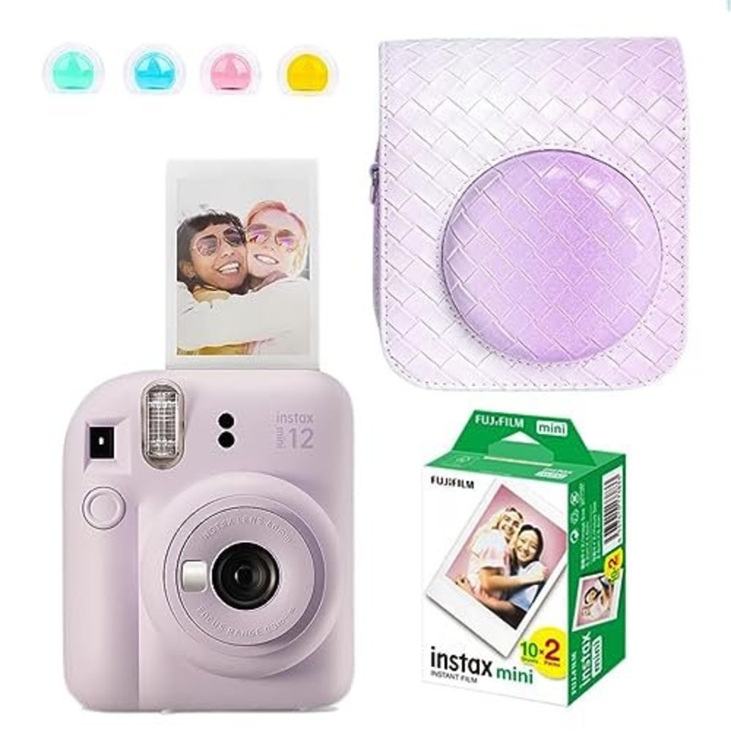 Fujifilm Instax Mini 12 Instant Camera + 20 Shot Films + PU Leather Camera Case + 4 Coloured Filters (Gradation Purple, Mini 12)