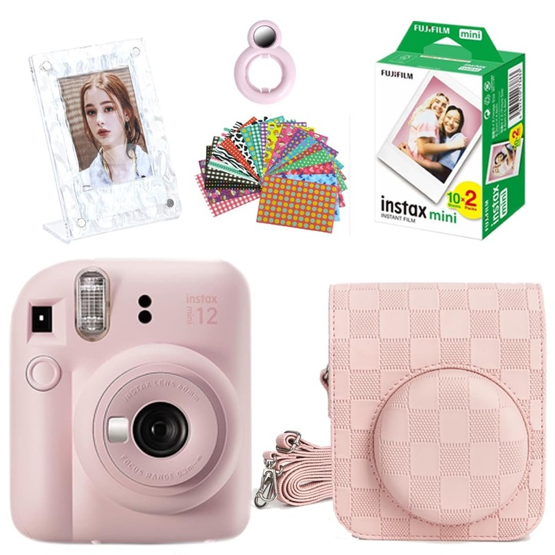 Fujifilm Instax Mini 12 Instant Camera + 20 Shots Films + 1x Chessboard PU Camera Case + 10x Photo Sticker + 1x Photo Stand + 1x Close up Selfie Lens - Lilac Purple, Mini 12