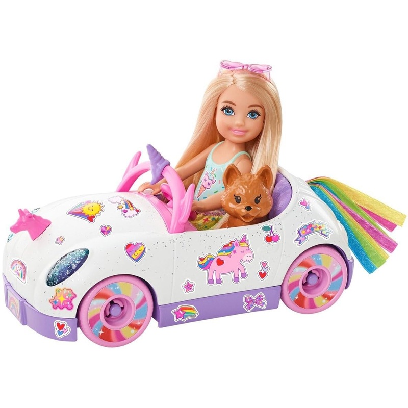 Barbie Club Chelsea Doll (6-inch Blonde) with Open-Top Rainbow Unicorn-Themed Car, Pet Puppy, Sticker Sheet & Accessories, Gift for Ages 3 and up