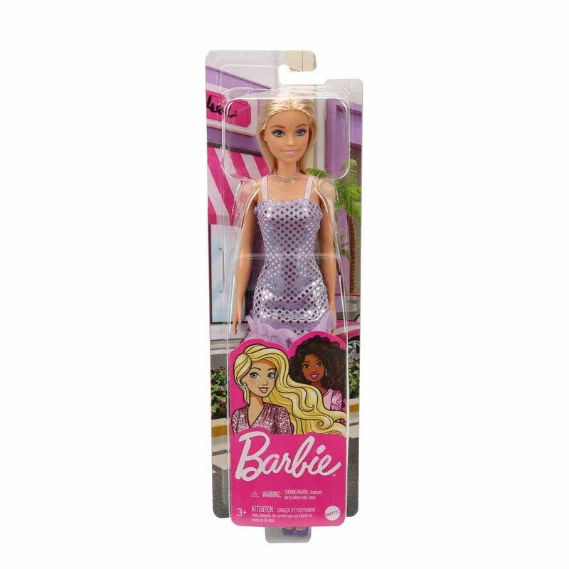 Barbie Doll with Blonde Hair: Lavender Metallic Mini Dress & Trendy Accessories - Perfect Kids' Toy Gift!"