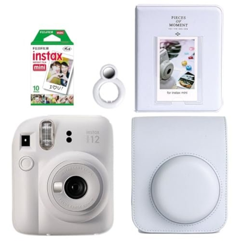 Fujifilm Instax Mini 12 Instant Camera + 10 Shot Films + PU Leather Camera Case + Instax Photo Album 64 Sheets + Closeup Selfie Lens (Clay White , Mini 12)