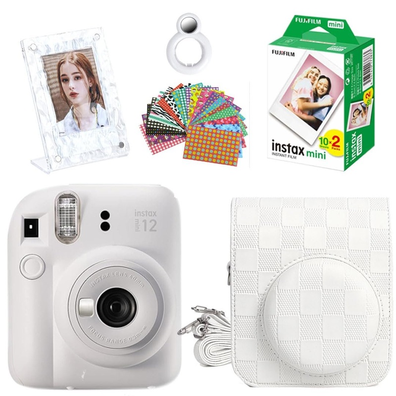 Fujifilm Instax Mini 12 Instant Camera + 20 Shots Films + 1x Chessboard PU Camera Case + 10x Photo Sticker + 1x Photo Stand + 1x Close up Selfie Lens (Clay White, Mini 12)