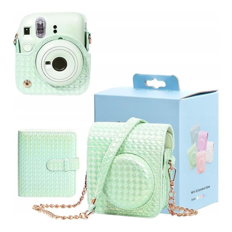 Iridescent PU Leather Case & Photo Album Set for Fujifilm Instax Mini 12  Includes Carrying Case & 64 Sheets Photo Album (Mint Green)