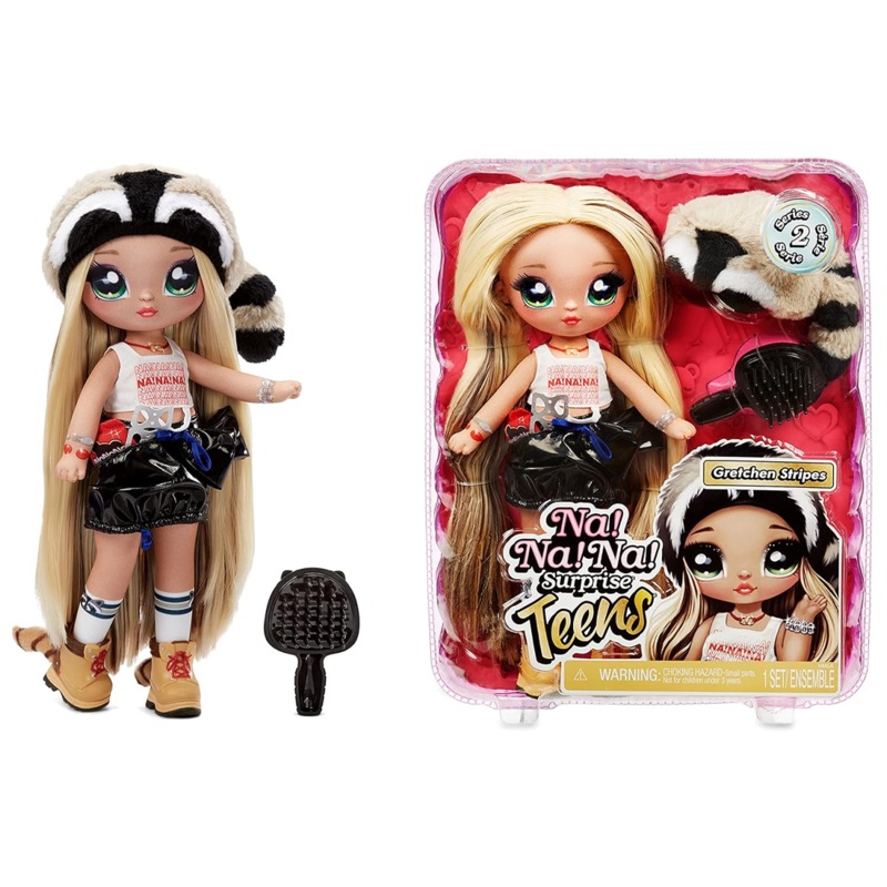 Na! Na! Na! Surprise Teens 11 inch Fashion Doll Gretchen Stripes, Soft, Poseable, Blonde Hair, Cute Animal-inspired Raccoon Hat Outfit & Accessories