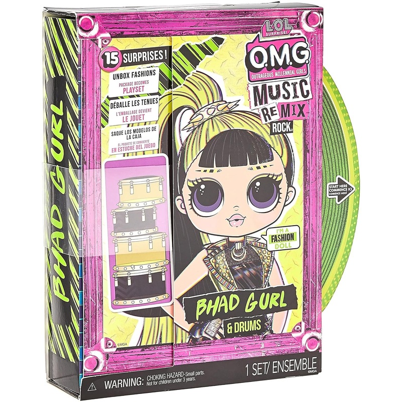 L.O.L. Surprise! OMG Remix Rock Bhad Gurl Fashion Doll with 15 Surprises Including Drums, Outfit, Shoes, Stand, Lyric Magazine, and Record Player Playset