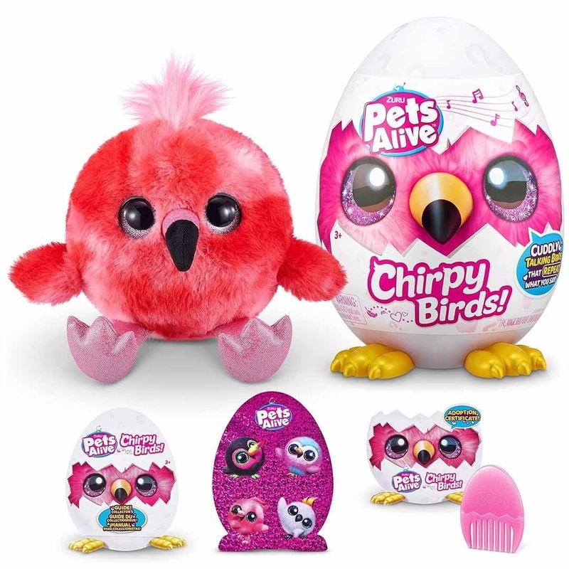 Pets Alive Chirpy Birds (Flamingo) by, Electronic Pet That Speaks, Giant Surprise Egg, Stickers, Comb, Fluffy Clay, Bird Animal Plush for Girls