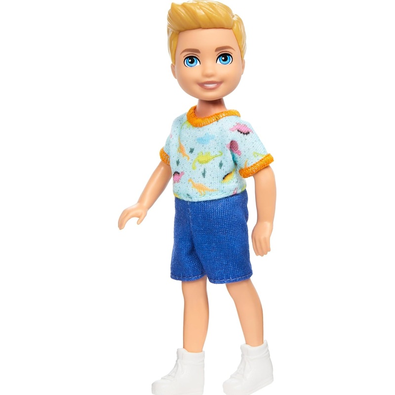 Barbie Chelsea Doll, Small Boy Doll Wearing Removable One-Piece with Dinosaur Print & White Shoes, Blond Hair & Blue Eyes