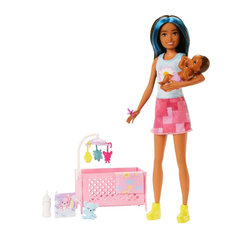 Barbie Doll and Accessories, Crib Playset with Latina Friend Doll, Baby Doll with Sleepy Eyes, Furniture and Themed Accessories, Babysitters Inc.