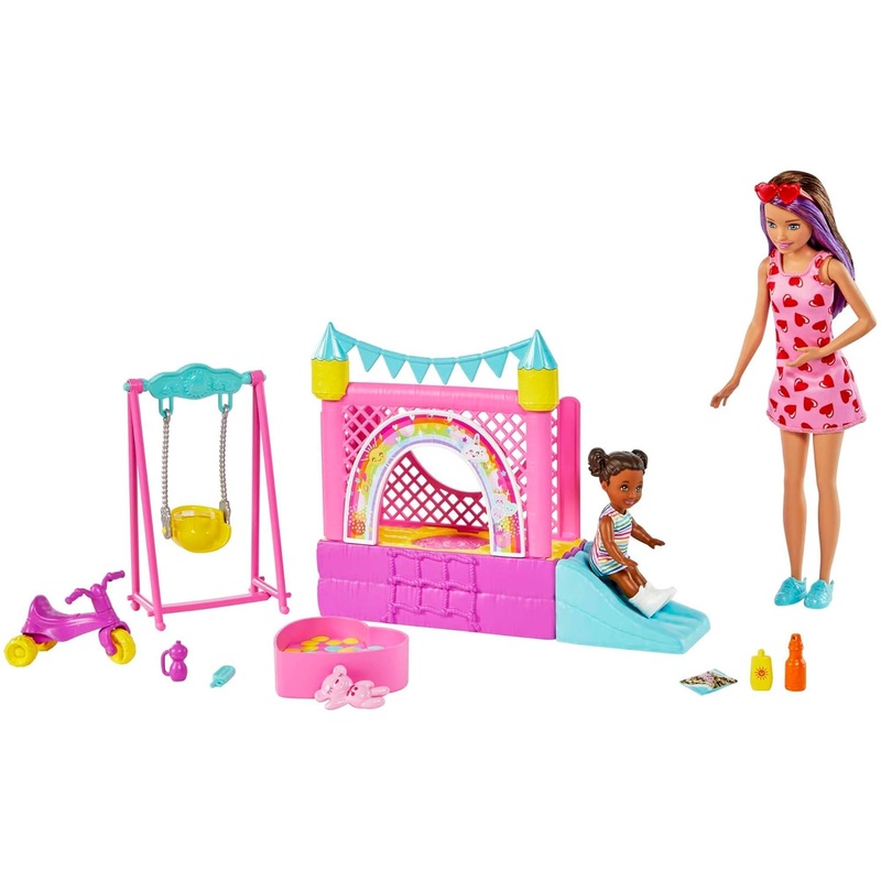 Barbie Skipper Babysitters Inc. Bounce House Playset with Skipper Babysitter Doll, Toddler Doll, Swing & Accessories, Toy for 3 Year Olds & Up