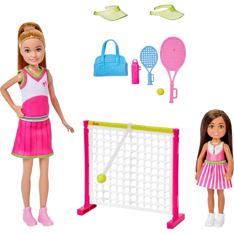 Barbie Stacie & Chelsea Tennis Playset with 2 Dolls & 5+ Accessories Including Net with Swinging Ball Feature & Sports Gear