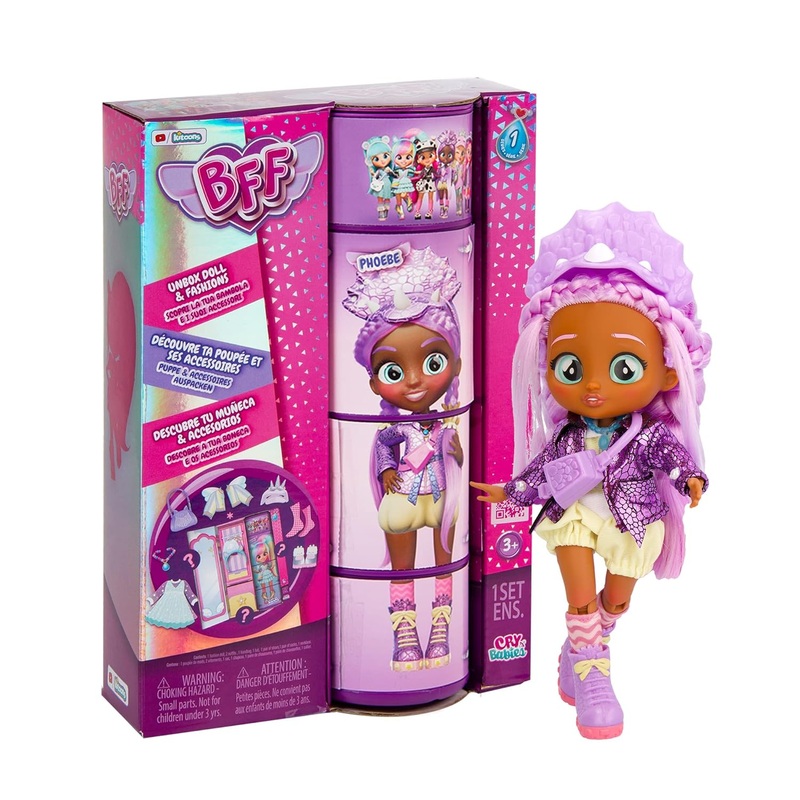 Cry Babies BFF Phoebe Fashion Doll with 9+ Surprises Including Outfit and Accessories for Fashion Toy, Girls and Boys Ages 4 and Up, 7.8 Inch Doll (Phoebe)