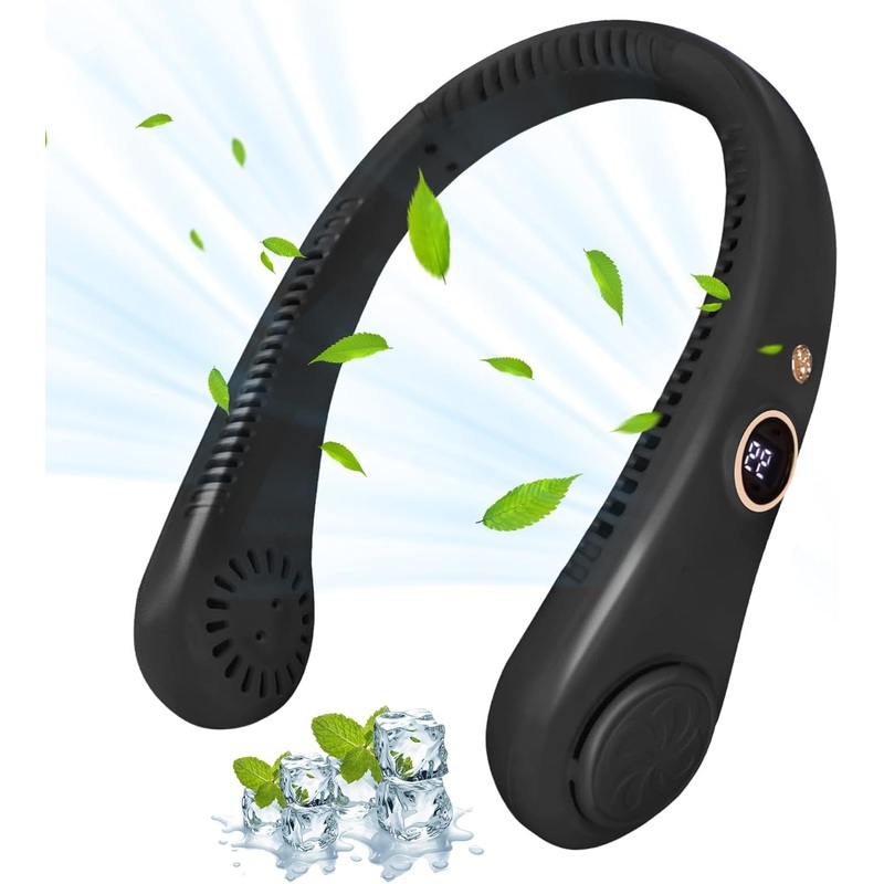 Portable Neck Fan, Personal Fan USB Rechargeable Neck Fan, 5 Speed Hanging Bladeless Fan with Monitor (Black)