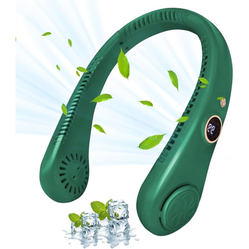 Portable Neck Fan, Personal Fan USB Rechargeable Neck Fan, 5 Speed Hanging Bladeless Fan with Monitor (Green)