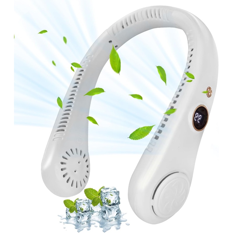 Portable Neck Fan, Personal Fan USB Rechargeable Neck Fan, 5 Speed Hanging Bladeless Fan with Monitor (White)