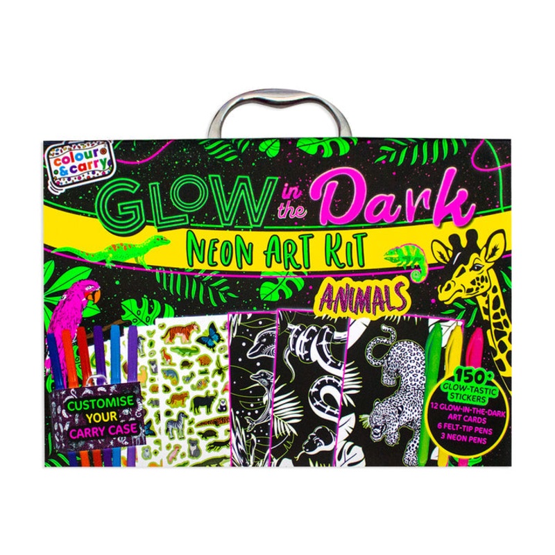 Glow In The Dark Neon Art Kit Animals Colour And Carry Set