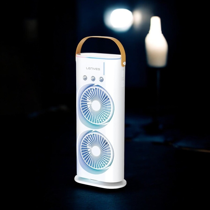 Lenyes LHF03 Tower Dual Fan  Portable USB Fan with LED Lighting, 3 Speeds, 2 Light Modes, High-Speed Oscillation (White)