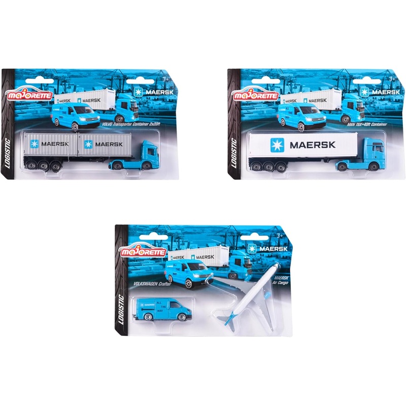 Majorette - Maersk Transport Vehicle Set  Pack of 3 Die-Cast Trucks with Realistic Cargo Designs, Multicolor Finish for Kids & Collectors