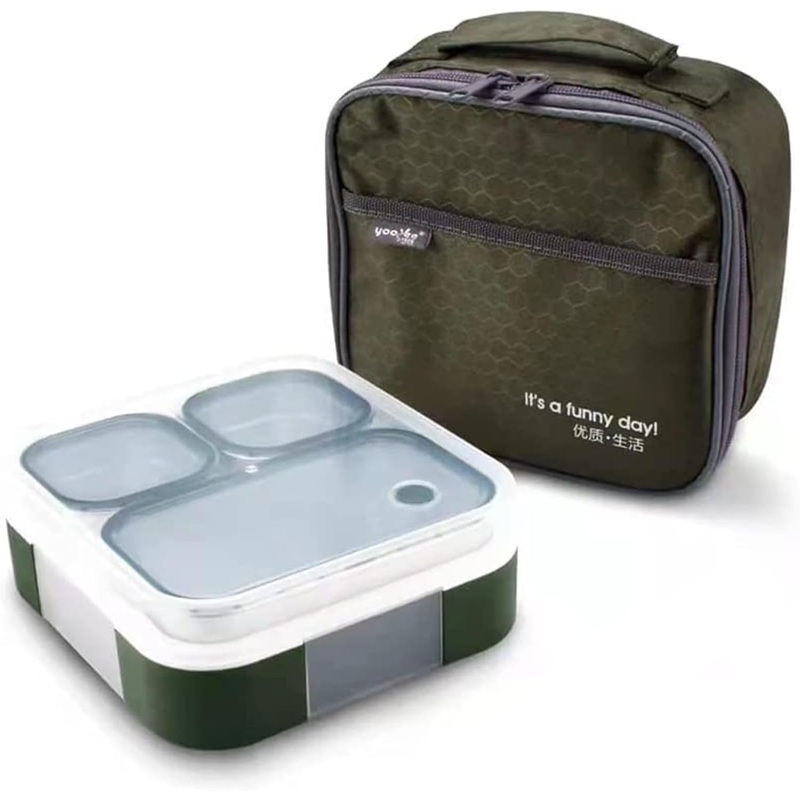 Stainless Steel Kids Lunch Box - 720ML Insulated Bento with Tableware & Bag, 3 Compartments, Leakproof, BPA-Free, Dishwasher Safe - Olive