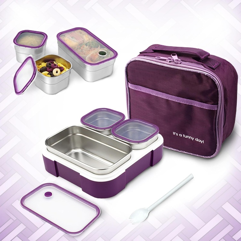 Stainless Steel Kids Lunch Box - 720ML Insulated Bento with Tableware & Bag, 3 Compartments, Leakproof, BPA-Free, Dishwasher Safe - Purple