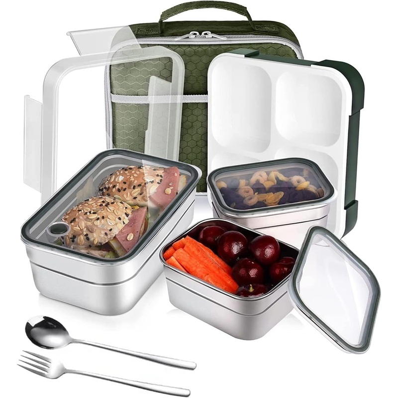 Stainless Steel Kids Lunch Box - Insulated Bento with Tableware & Bag, 4 ompartments, Leakproof, BPA-Free, Dishwasher Safe - Green