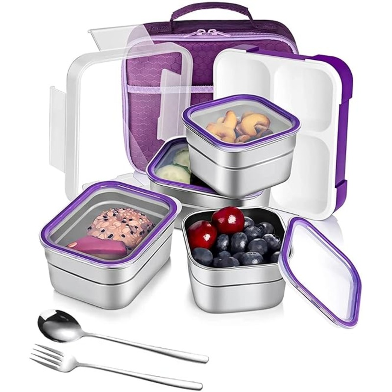 Stainless Steel Kids Lunch Box - Insulated Bento with Tableware & Bag, 4 ompartments, Leakproof, BPA-Free, Dishwasher Safe - Purple