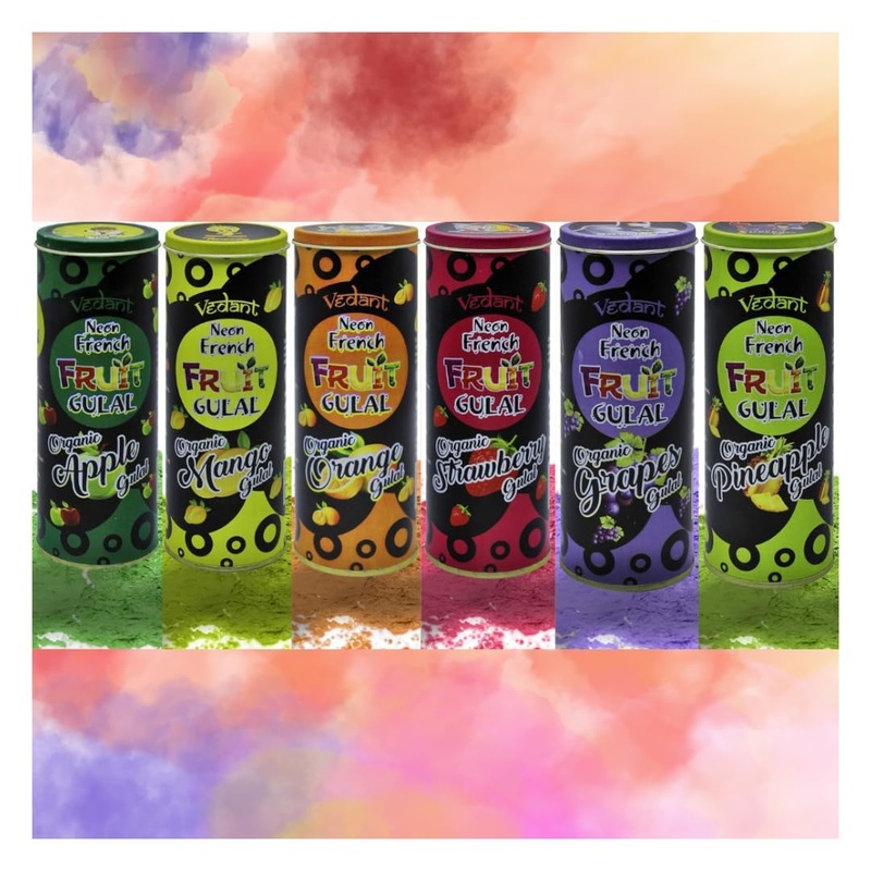 Vedant Neon French Organic Fruit Gulal for Holi  Safe & Skin-Friendly Natural Colors with Fruity Fragrance for Kids & Adults