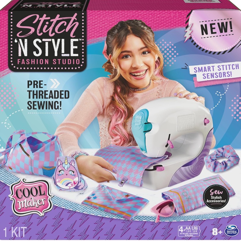 Cool Maker, Stitch N Style Fashion Studio, Pre-Threaded Sewing Machine Toy with Fabric and Water Transfer Prints, Arts & Crafts Kids Toys