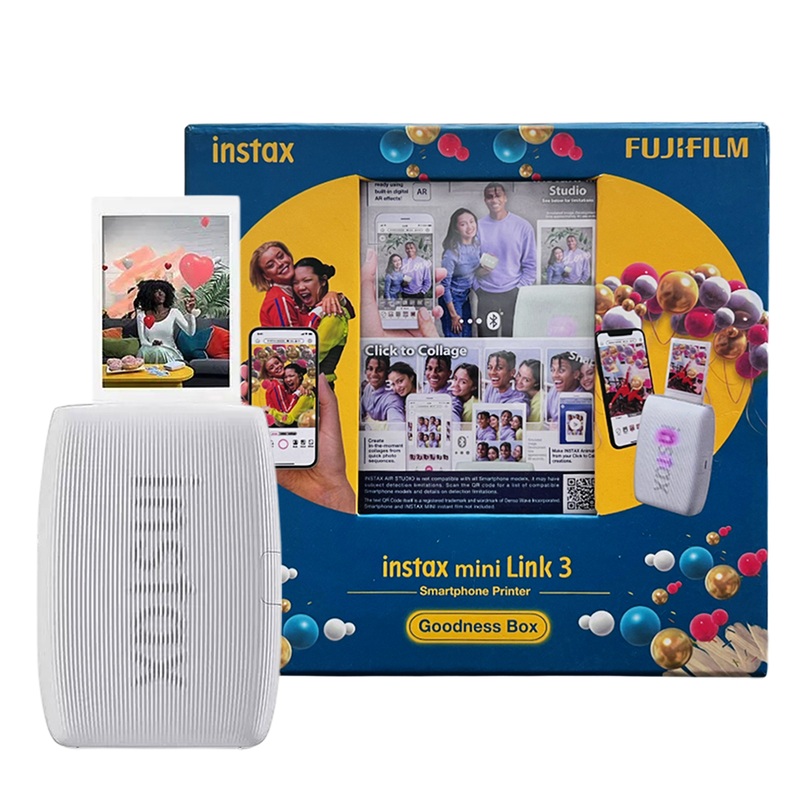 Fujifilm Instax Mini Link 3 Smartphone Photo Printer (Clay White) with 100-Sheet Goodness Box  Includes Glossy & Designer Instax Mini Films