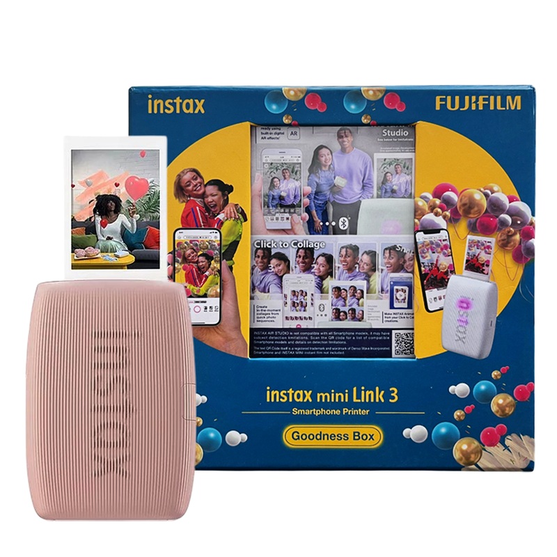 Fujifilm Instax Mini Link 3 Smartphone Photo Printer (Rose Pink) with 100-Sheet Goodness Box  Includes Glossy & Designer Instax Mini Films