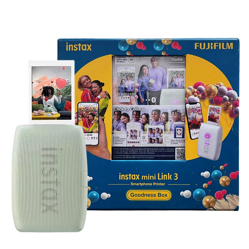 Fujifilm Instax Mini Link 3 Smartphone Photo Printer (Sage Green) with 100-Sheet Goodness Box  Includes Glossy & Designer Instax Mini Films