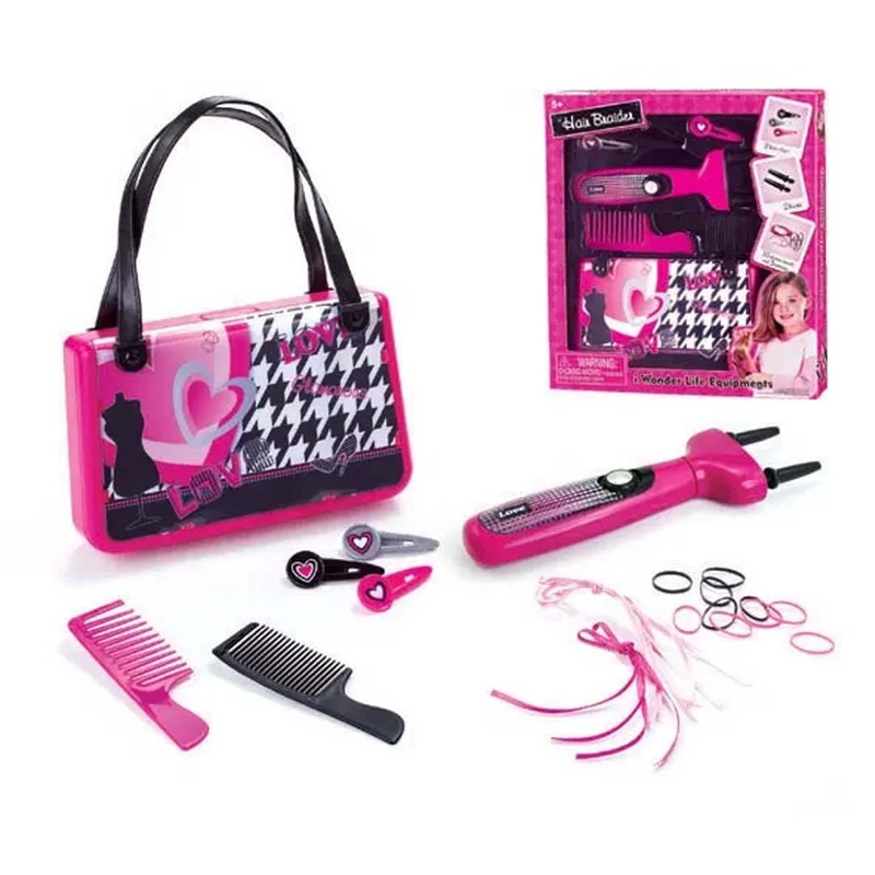 Kids Hair Styling Accessories Set with Cute Handbag Toy  Includes 2 Combs, 10 Pink Hair Rings, 10 Elastic Bands, and 5 Colorful Ribbons for Girls Fashion and Dress-Up Play