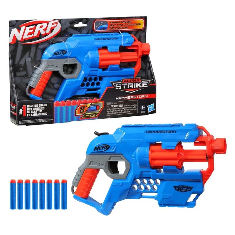 Nerf Alpha Strike Hammerstorm Blaster  Hammer-Priming Action, Rotating 8-Dart Drum, 8 Official Nerf Elite Darts  for Children, Teens, Adults, Multicolor (E6748)