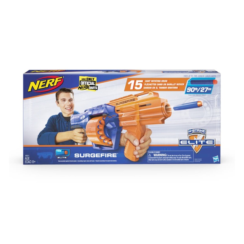 Nerf Surgefire Elite Blaster 15-Dart Rotating Drum, Slam Fire, Includes 15 Official Elite Darts for All Age
