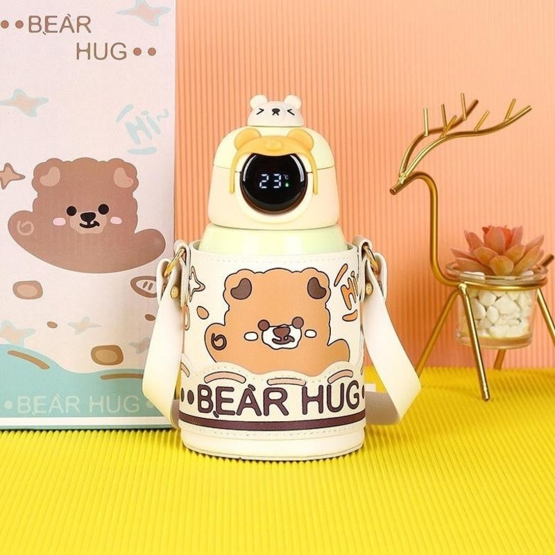 Bear Hug Stainless Steel Digital Water Bottle For Kids with carry bag, additional cup and sipper 500 ML (Cream)