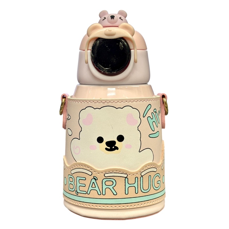 Bear Hug Stainless Steel Digital Water Bottle For Kids with carry bag, additional cup and sipper 500 ML (Pink)