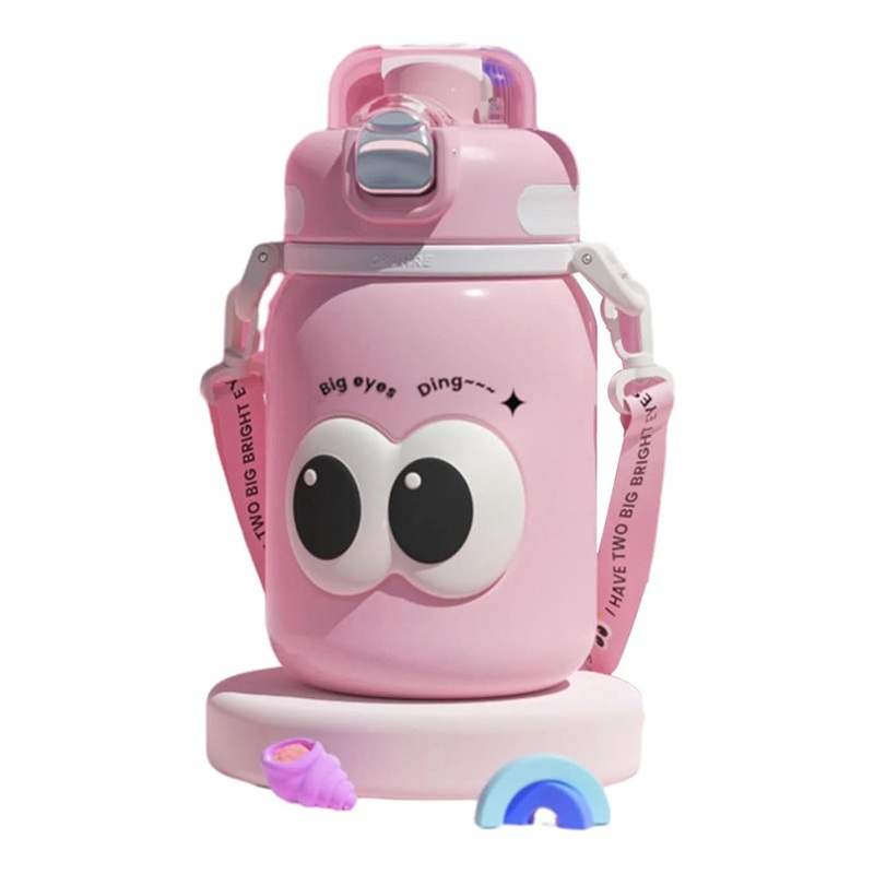 Cute Big Eyes Ding Insulation Cup Cartoon Portable Double Drinking Straw Cup 550 ML (Pink)