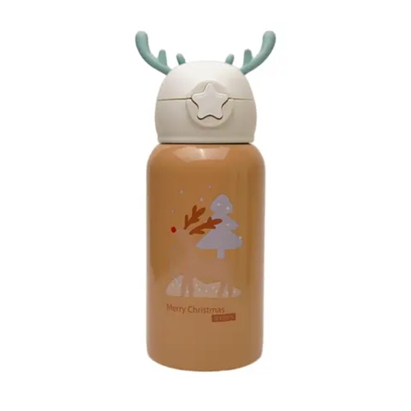 Deer Stainless Steel Water Bottle For Kids with carry bag, additional cup and sipper 500 ML (Beige)
