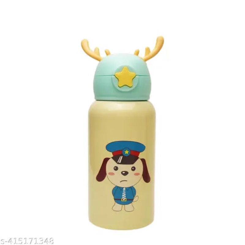 Deer Stainless Steel Water Bottle For Kids with carry bag, additional cup and sipper 500 ML (Cream)
