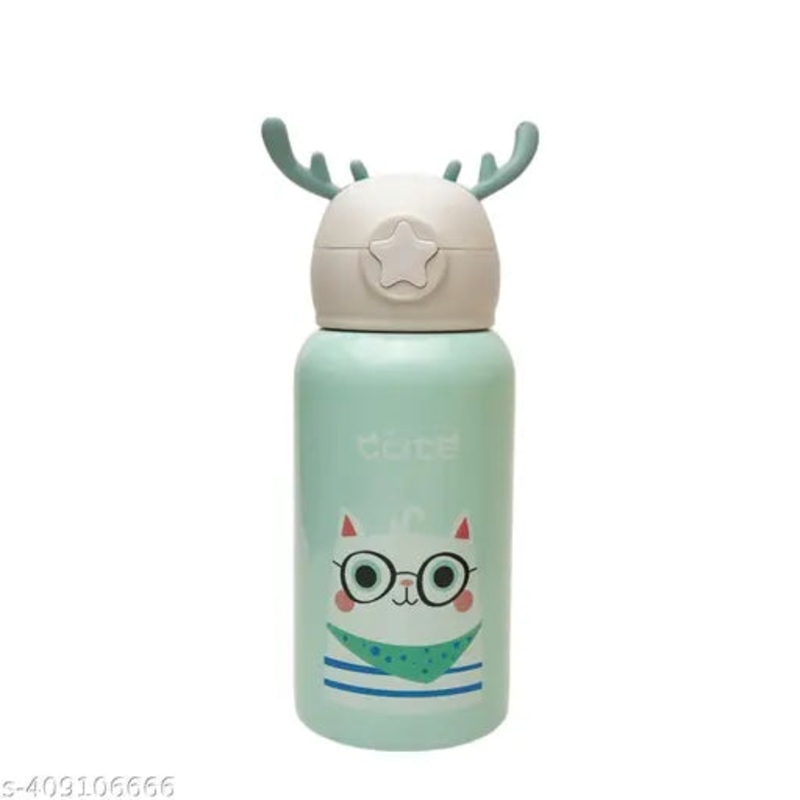 Deer Stainless Steel Water Bottle For Kids with carry bag, additional cup and sipper 500 ML (Green)