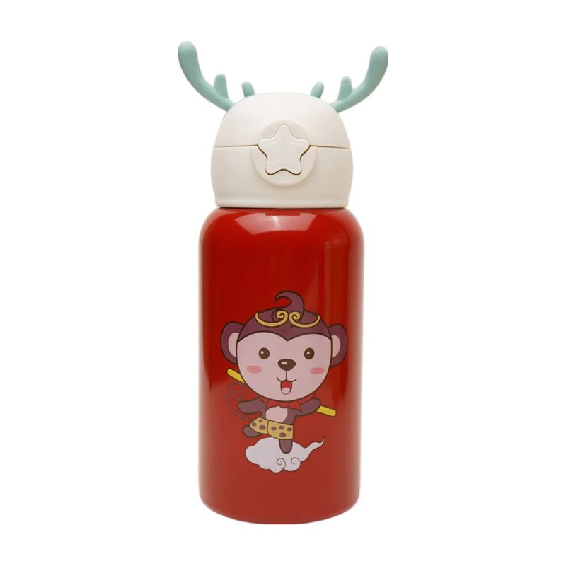 Deer Stainless Steel Water Bottle For Kids with carry bag, additional cup and sipper 500 ML (Red)
