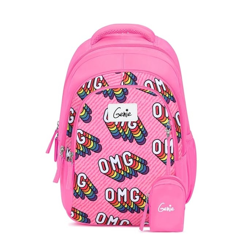 Genie School Bags OMG Kids Backpack  15" Cute & Colorful Bag for Girls with Happy Pouch