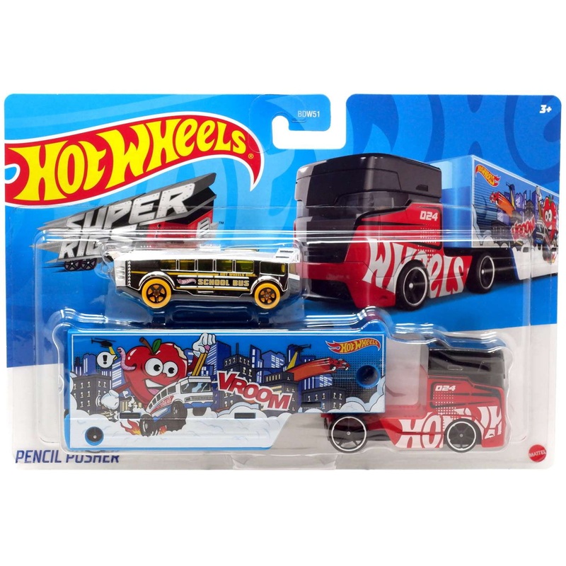 Hot Wheels Super Rigs Pencil Pusher Truck with Die-Cast Car for Kids & Collectors