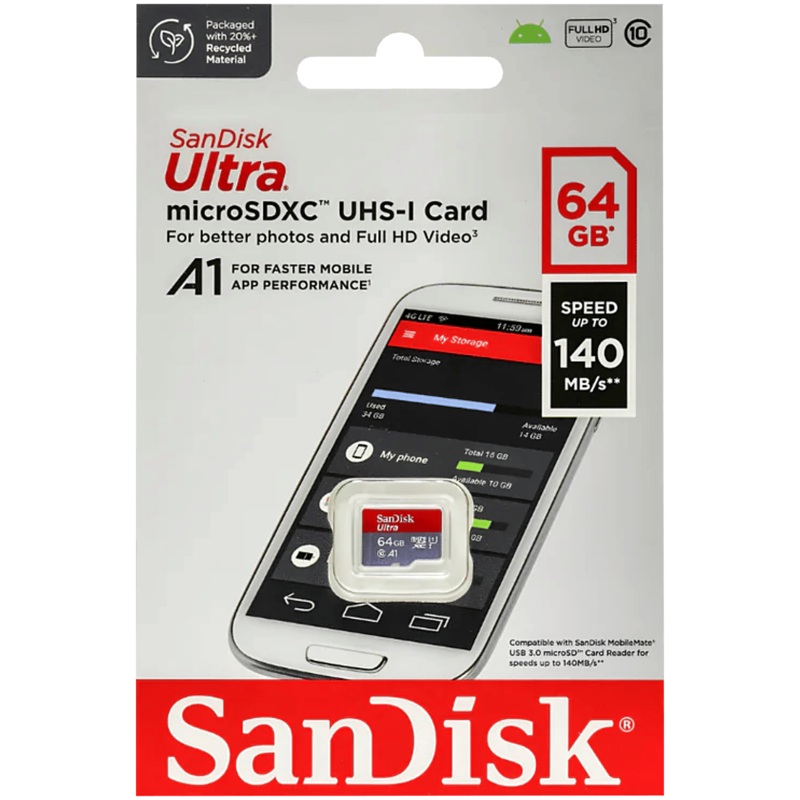 SanDisk Ultra 64GB microSDXC UHS-I, 140MB/s R, Memory Card, 10 Y Warranty, for Smartphones