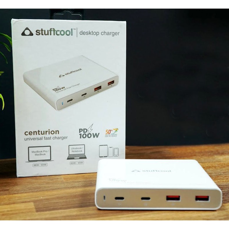 STUFFCOOL 100W Centurion 4 Port Charging Station with 2 USB C PD Ports, 2 QC3.0 USB A Ports Compatible with MacBook Pro 16", MacBook M1 Series, Ultrabooks, iPhones, Universal Fast Charger Camera Battery Charger  (White)